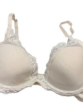 Natori Feathers Luxe Plunge 22050 Ivory Lace Underwire Bra 32D Adjustable Straps